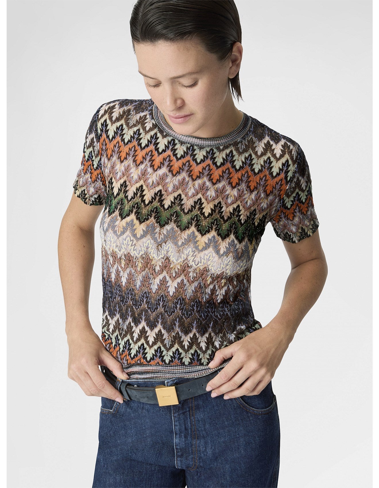 Woman wearing Missoni patterned short sleeve with zig zag pattern