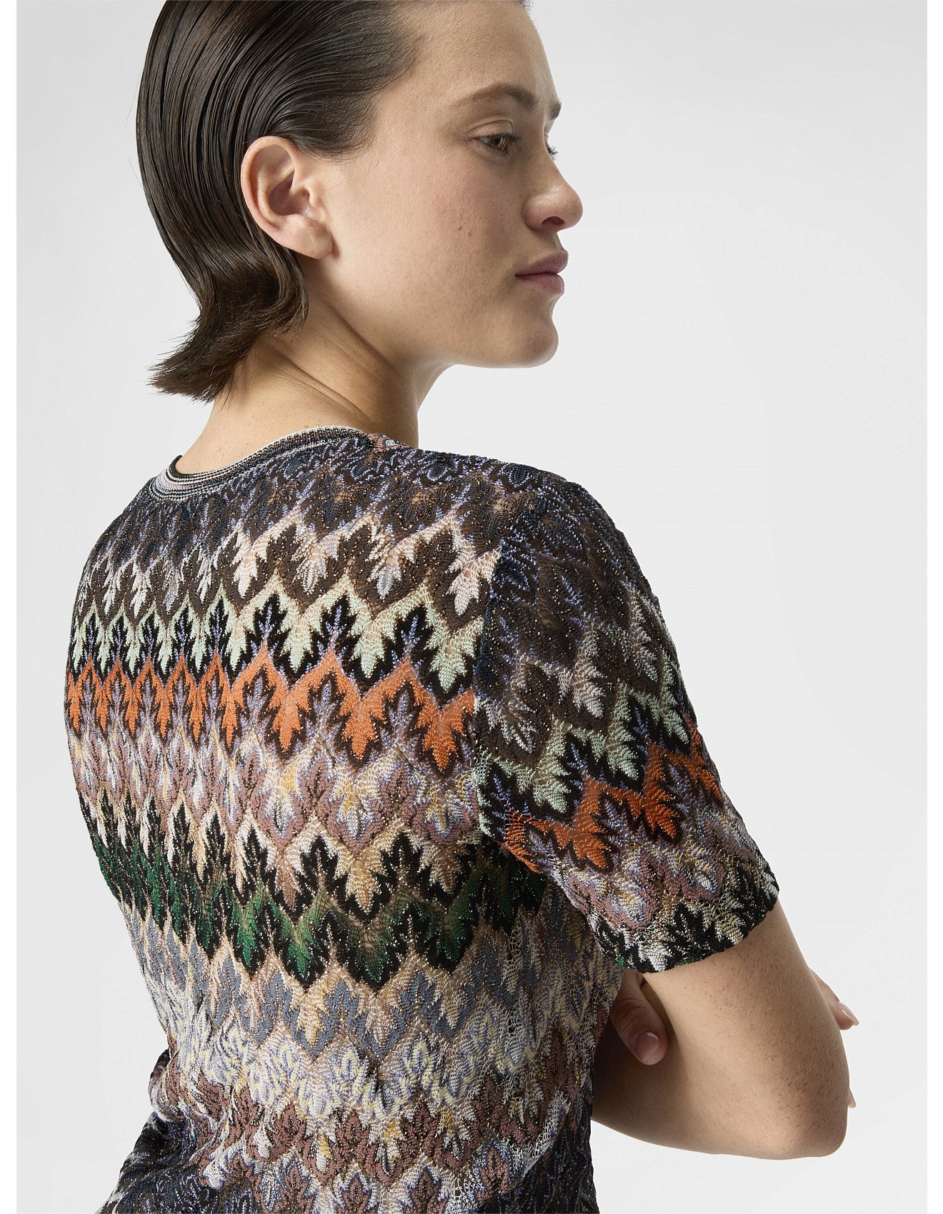 Women wearing a Missoni short sleeve top with zig zag