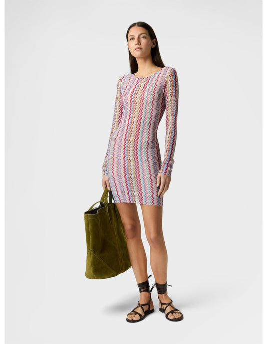 Missoni women's long sleeve mini dress in printed tulle — zigzag motif in mulitcolor