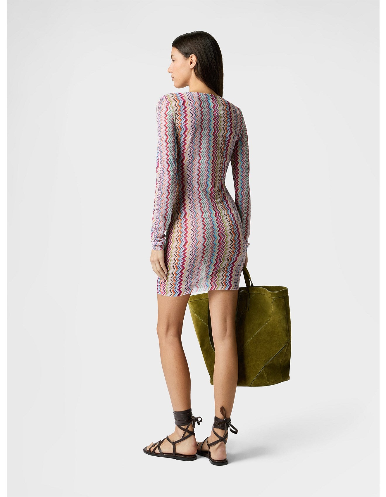 Missoni women's long sleeve mini dress in printed tulle — zigzag motif in mulitcolor, back view
