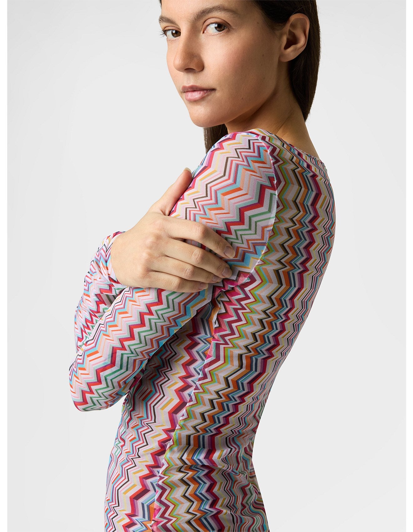 Missoni women's long sleeve mini dress in printed tulle — zigzag motif in mulitcolor side view