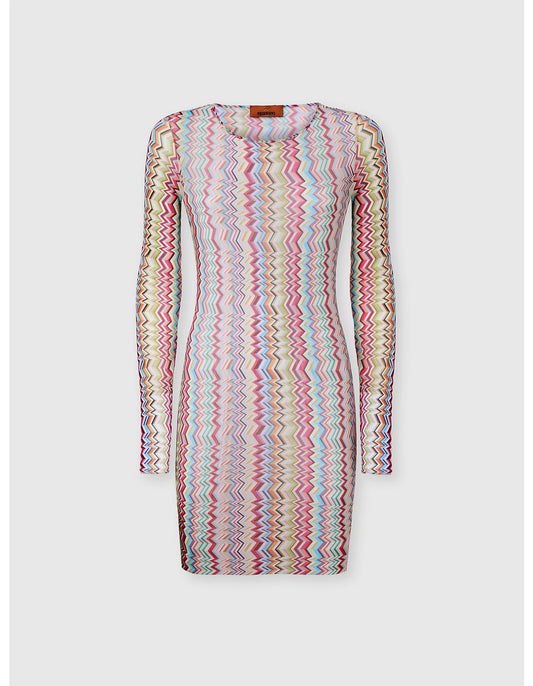 Missoni women's long sleeve mini dress in printed tulle — zigzag motif in mulit, product shot