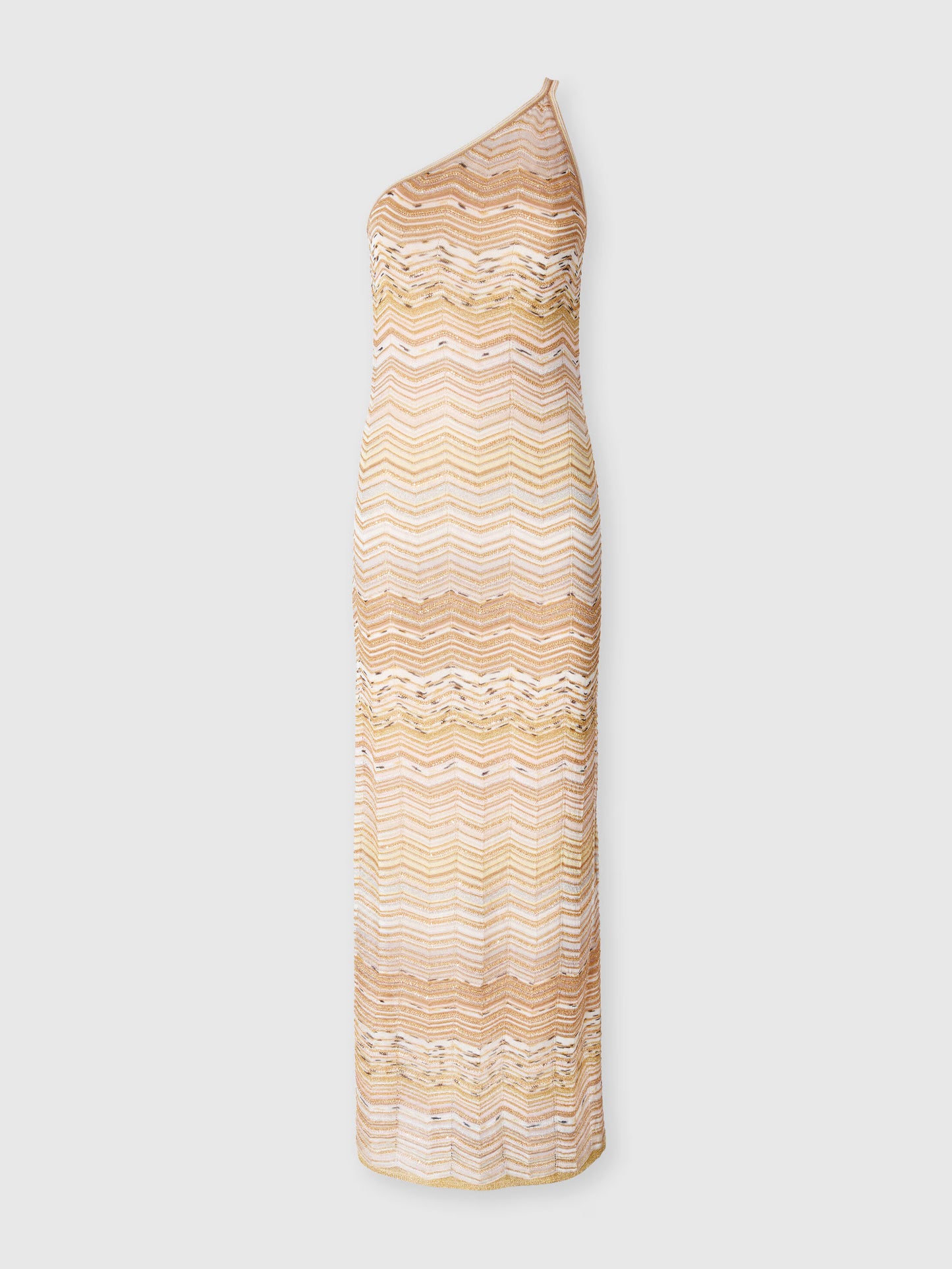 Woman wearing One shoulder Missoni zigzag patterned dress in Gold