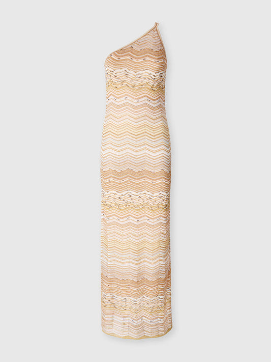 Woman wearing One shoulder Missoni zigzag patterned dress in Gold