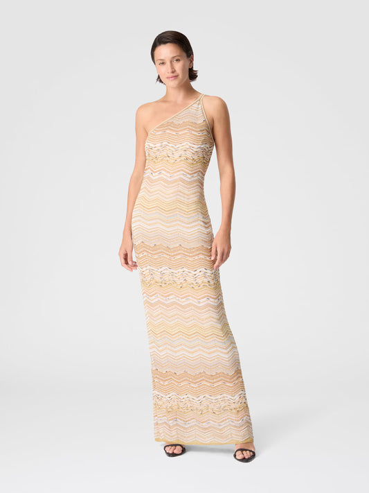 Woman wearing One shoulder Missoni zigzag patterned dress in Gold