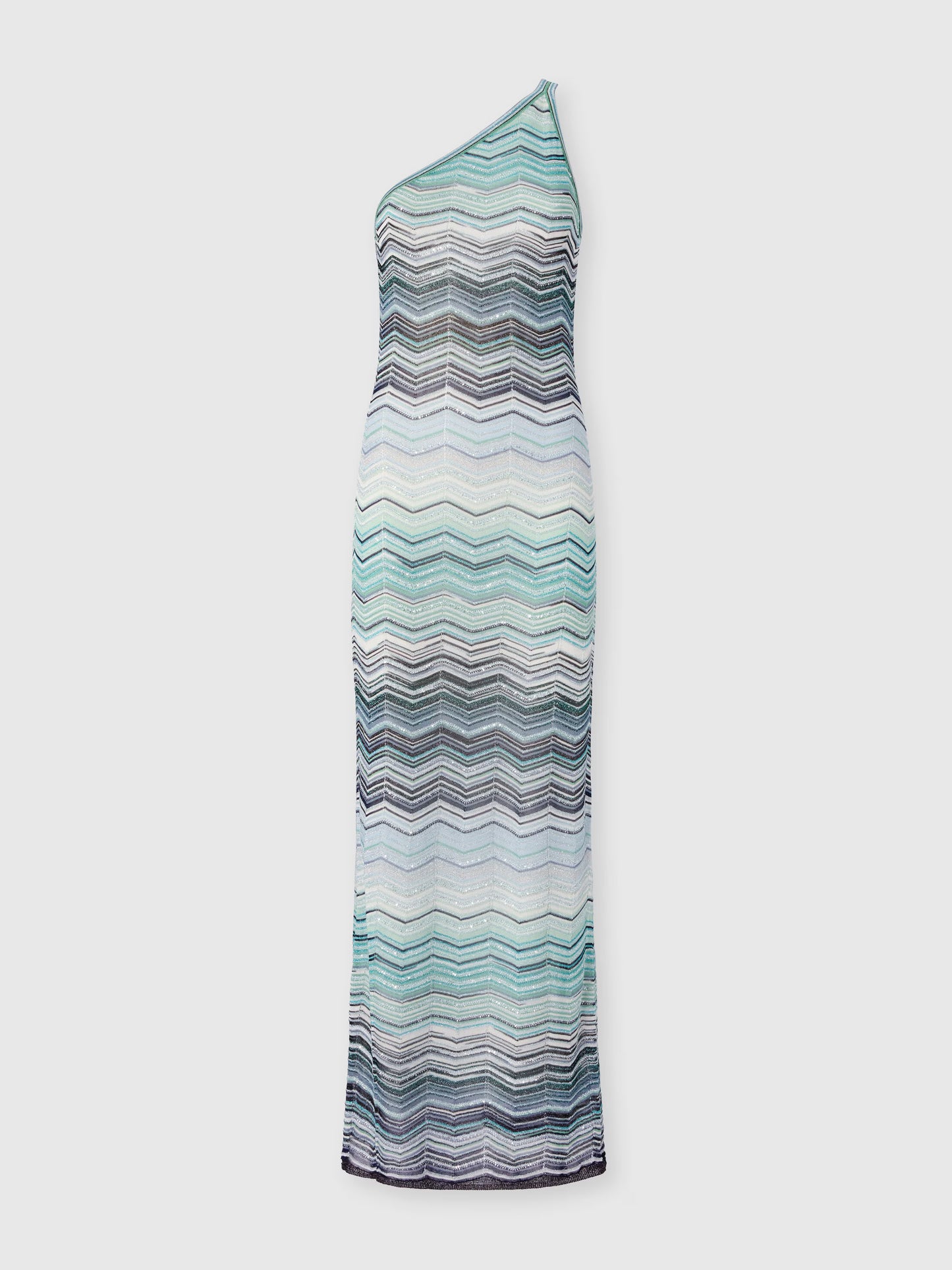 One shoulder turquoise Missoni zigzag patterned dress 