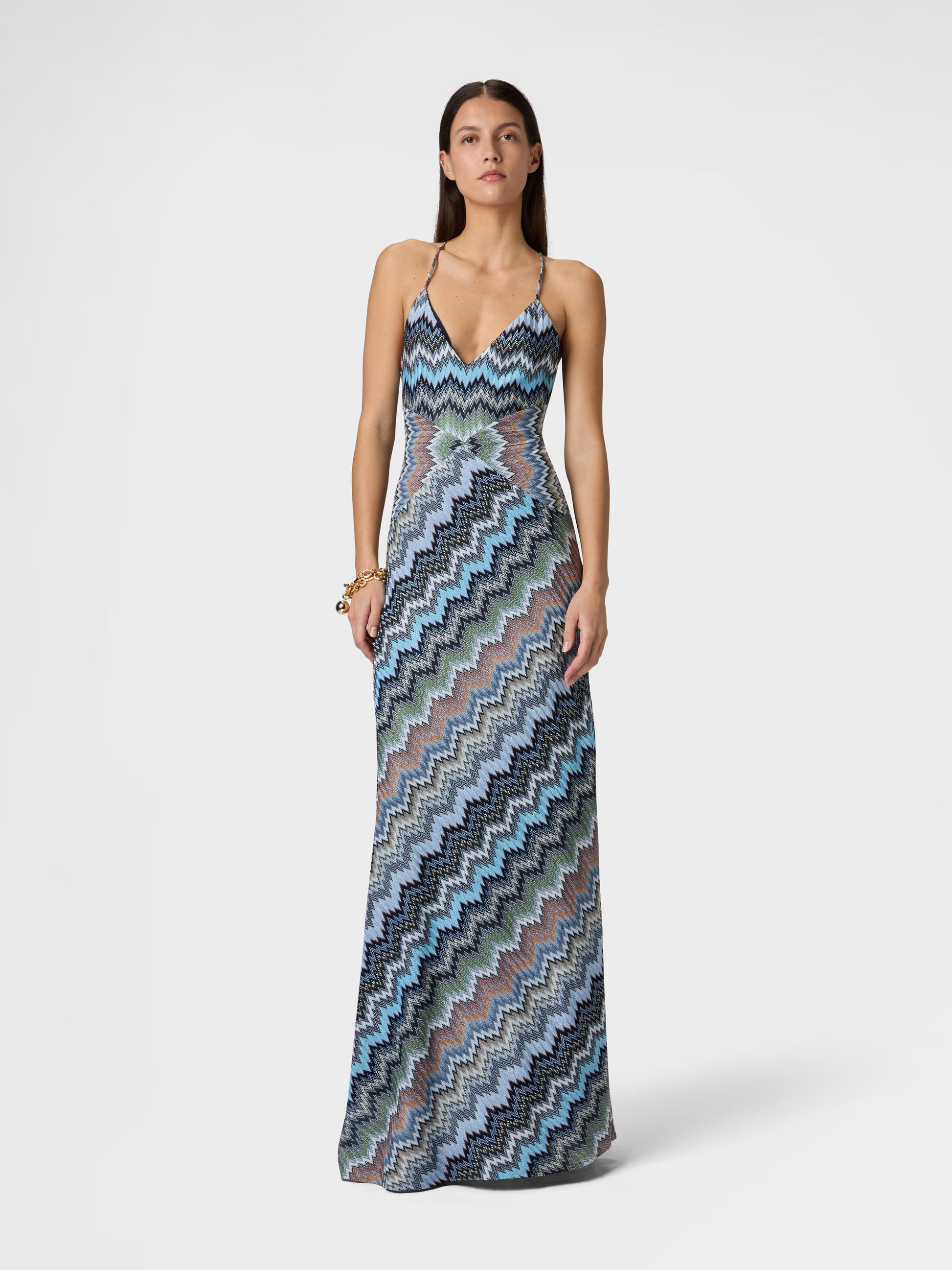 Missoni women's maxi dress in viscose — Raschel snake motif knit, crossed straps, V-neckline in blue 