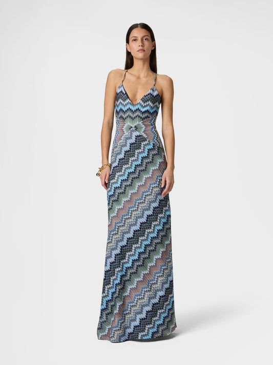 Missoni women's maxi dress in viscose — Raschel snake motif knit, crossed straps, V-neckline in blue 