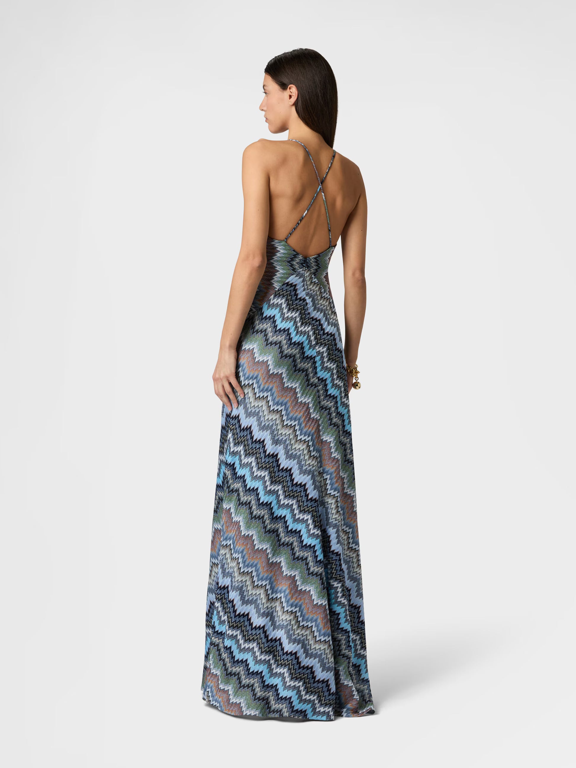 Missoni women's maxi dress in viscose — Raschel snake motif knit, crossed straps, V-neckline in blue 