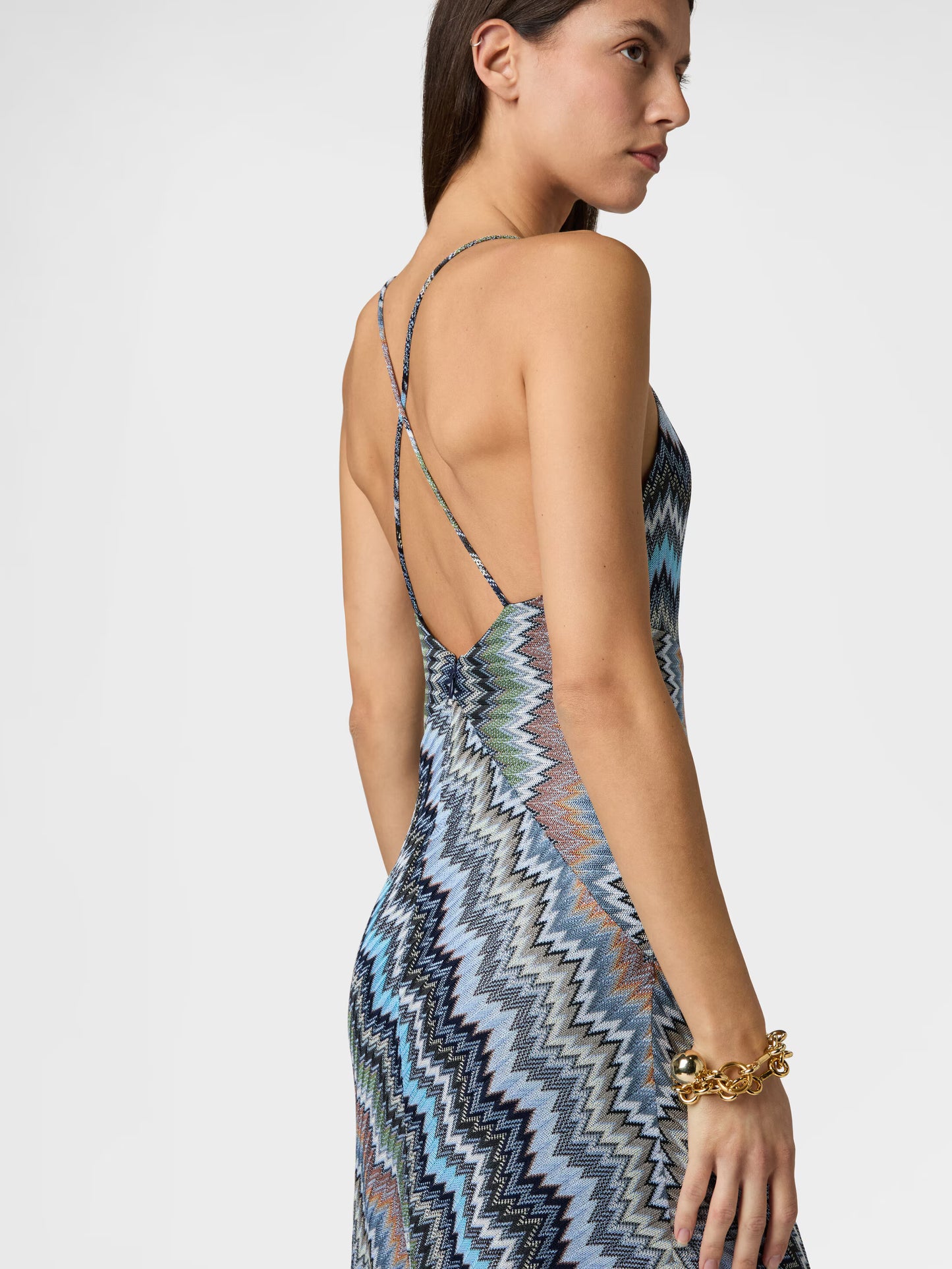 Missoni women's maxi dress in viscose — Raschel snake motif knit, crossed straps, V-neckline in blue 