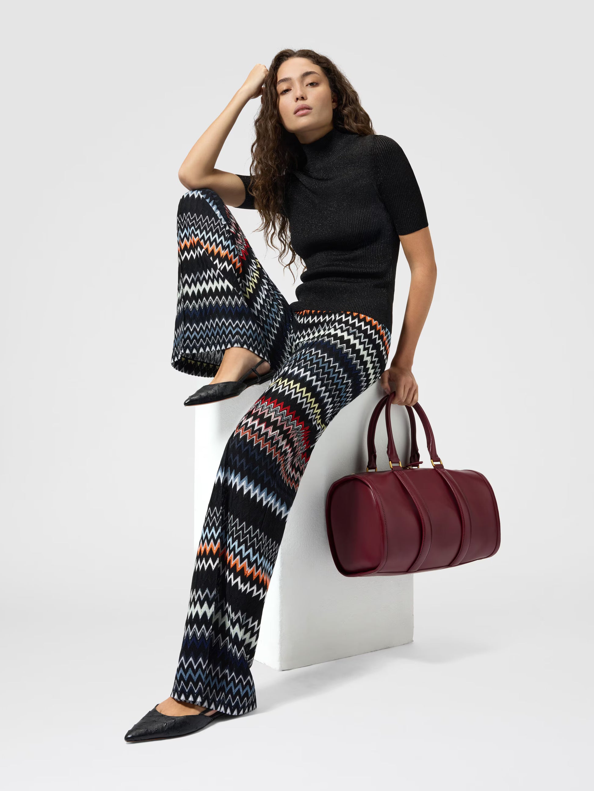 Missoni women's wide-leg pants in cotton viscose blend — zigzag chevron knit in black