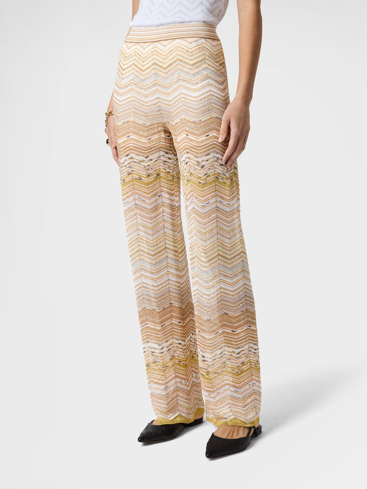 Missoni women's wide-leg trousers in chevron viscose lamé — sequin embellishment, elasticated waistband in gold 