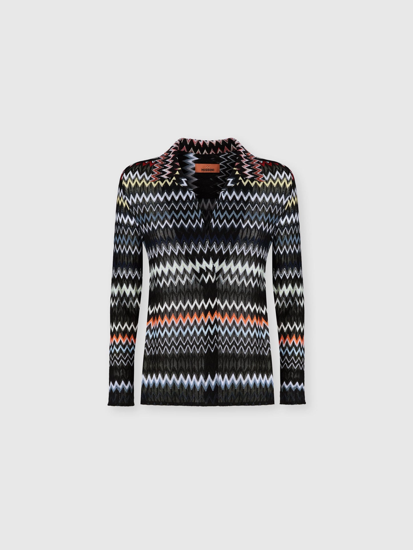 Missoni women's V-neck blouse in cotton and viscose blend. Raschel knit with signature micro zigzag lace motif in Grey