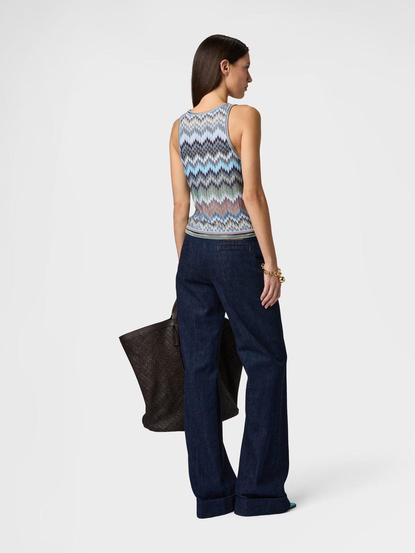 Missoni women's sleeveless crewneck top in 100% viscose in blue back view