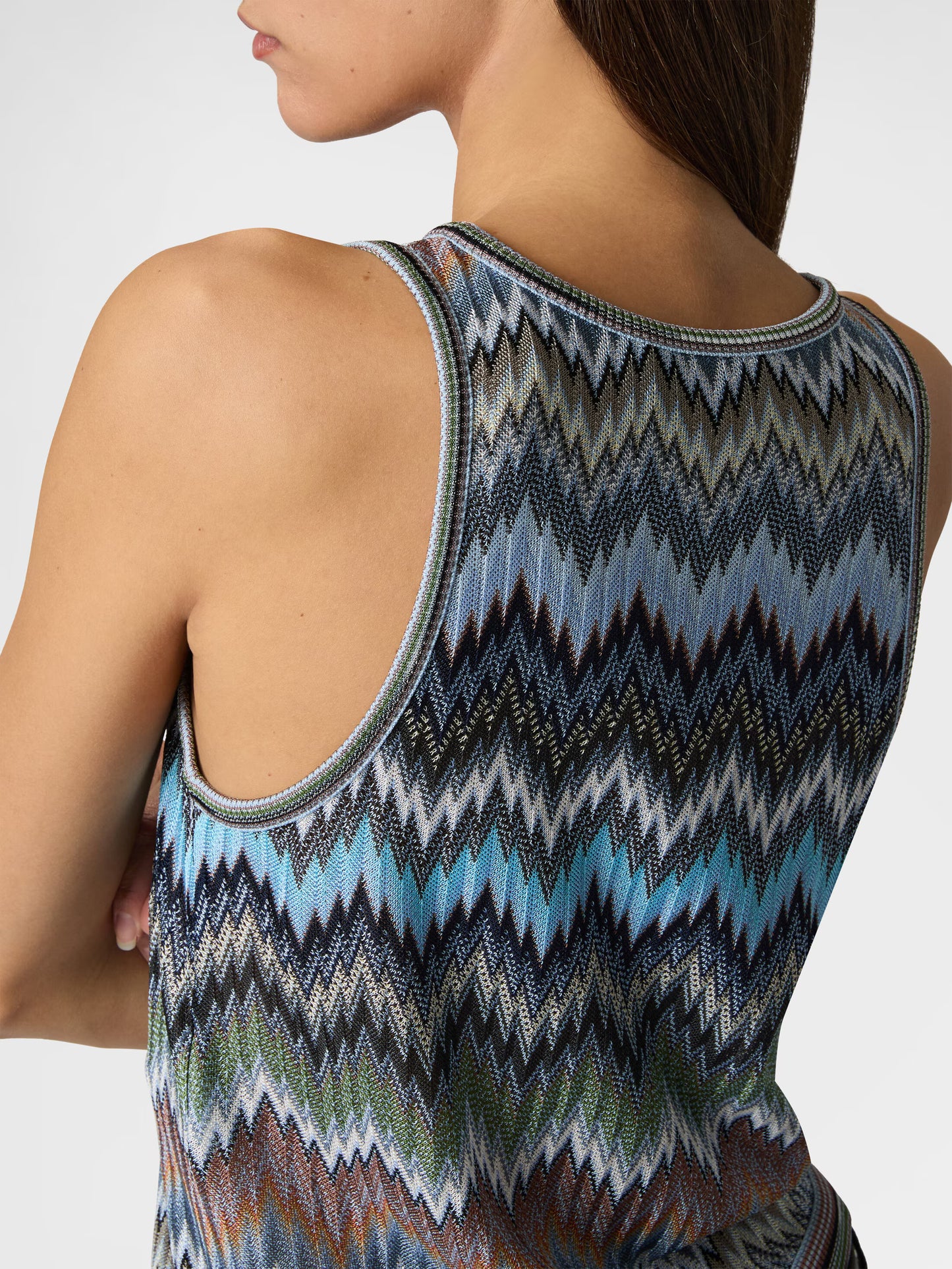 Missoni women's sleeveless crewneck top in 100% viscose in blue back view close up