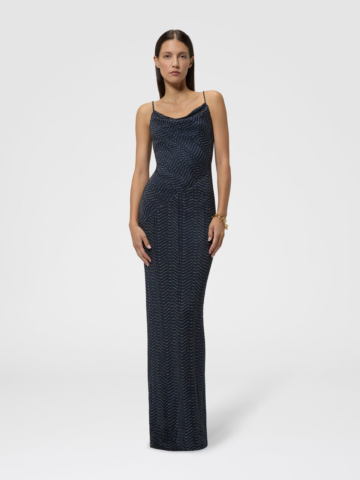 LONG LAMÉ DRESS DRAPED NECKLINE
