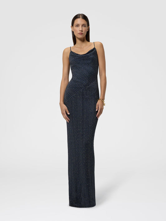 LONG LAMÉ DRESS DRAPED NECKLINE