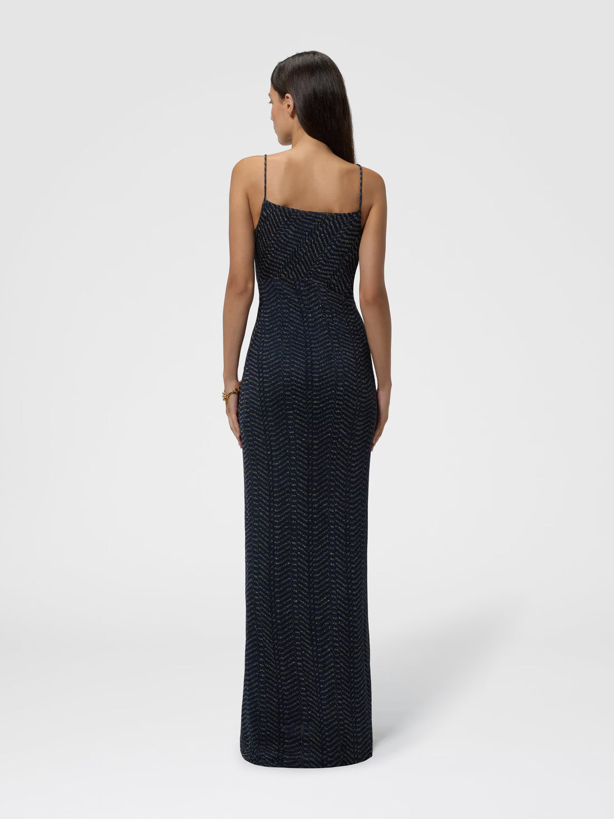 LONG LAMÉ DRESS DRAPED NECKLINE