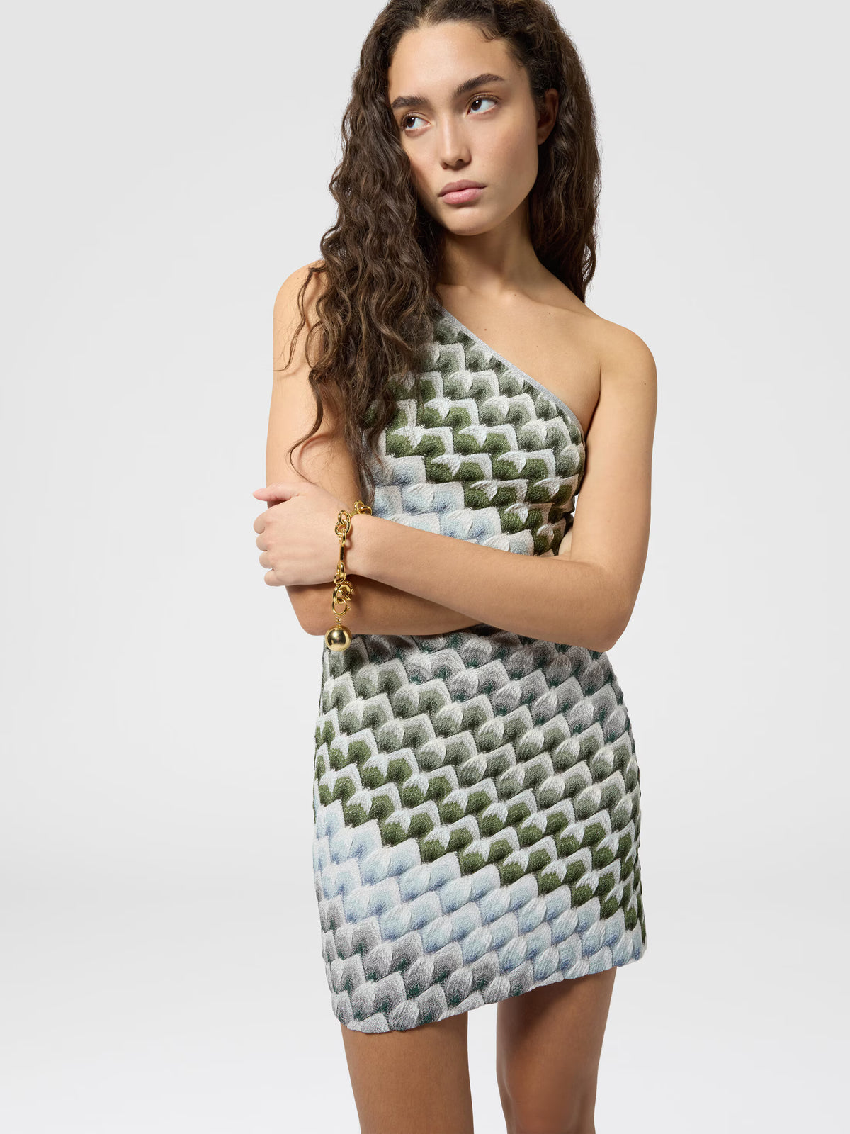 ONE-SHOULDER LAMÉ MINI DRESS