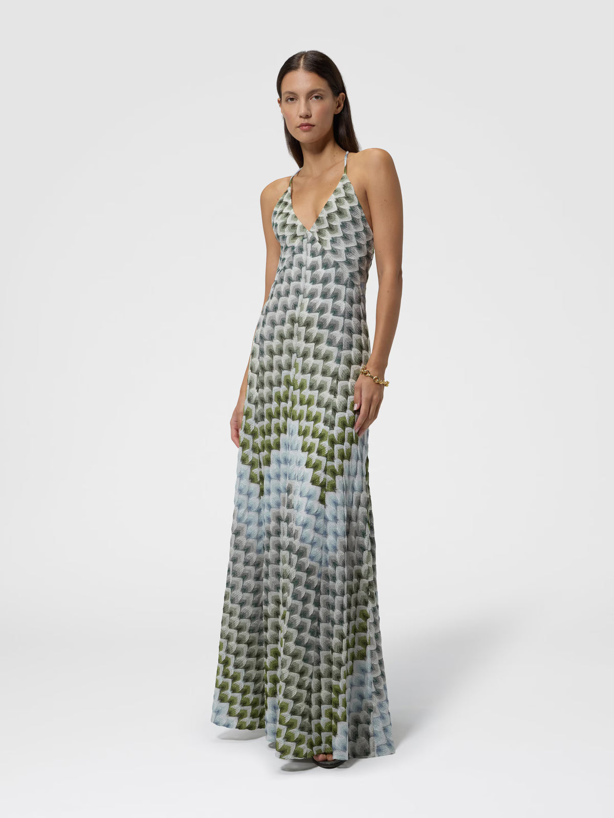 LONG LAMÉ DRESS W CROSSED STRAPS