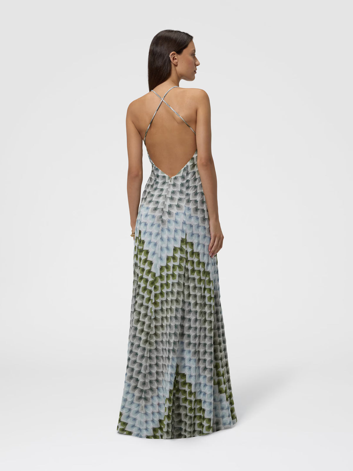 LONG LAMÉ DRESS W CROSSED STRAPS