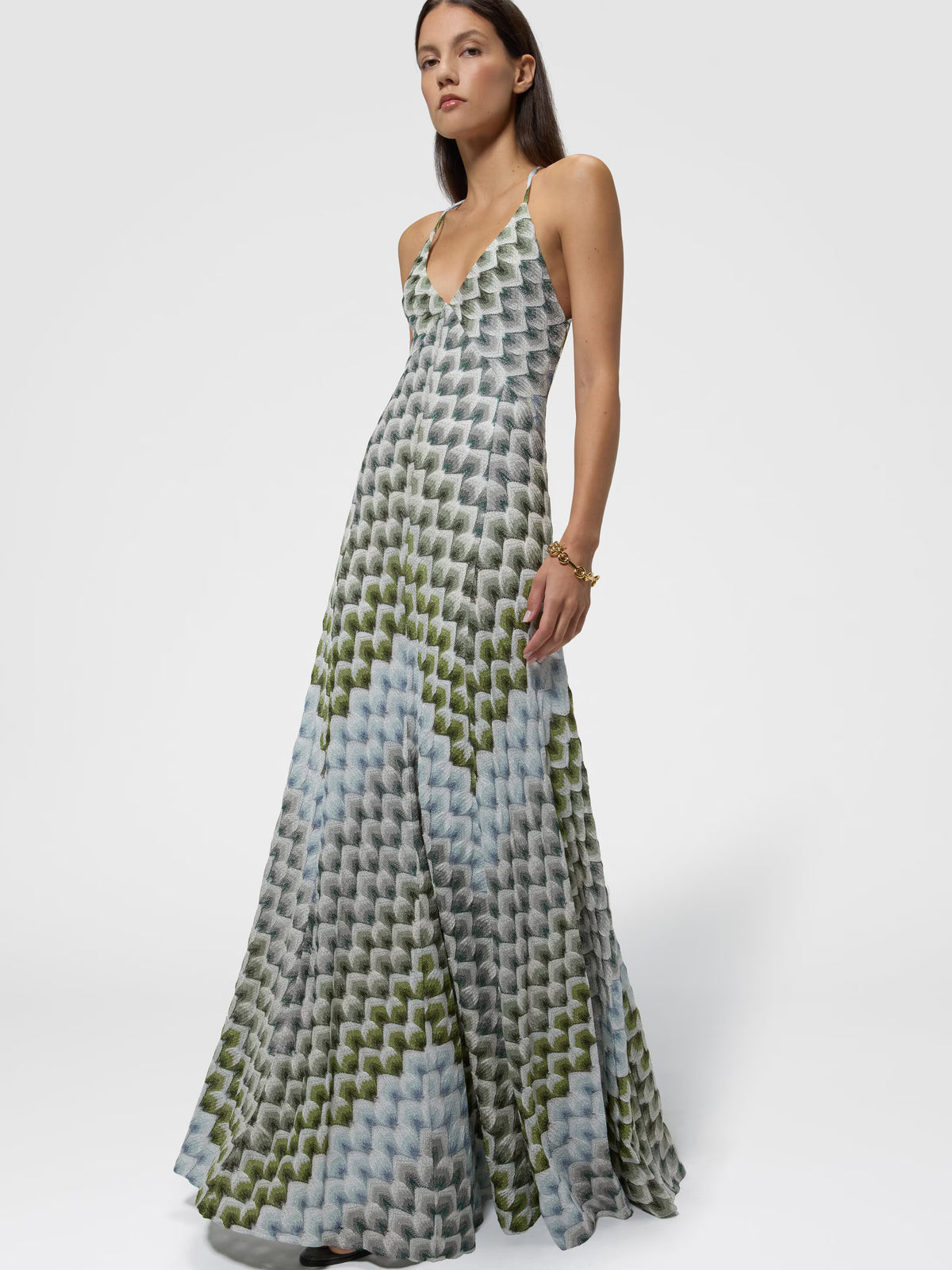 LONG LAMÉ DRESS W CROSSED STRAPS