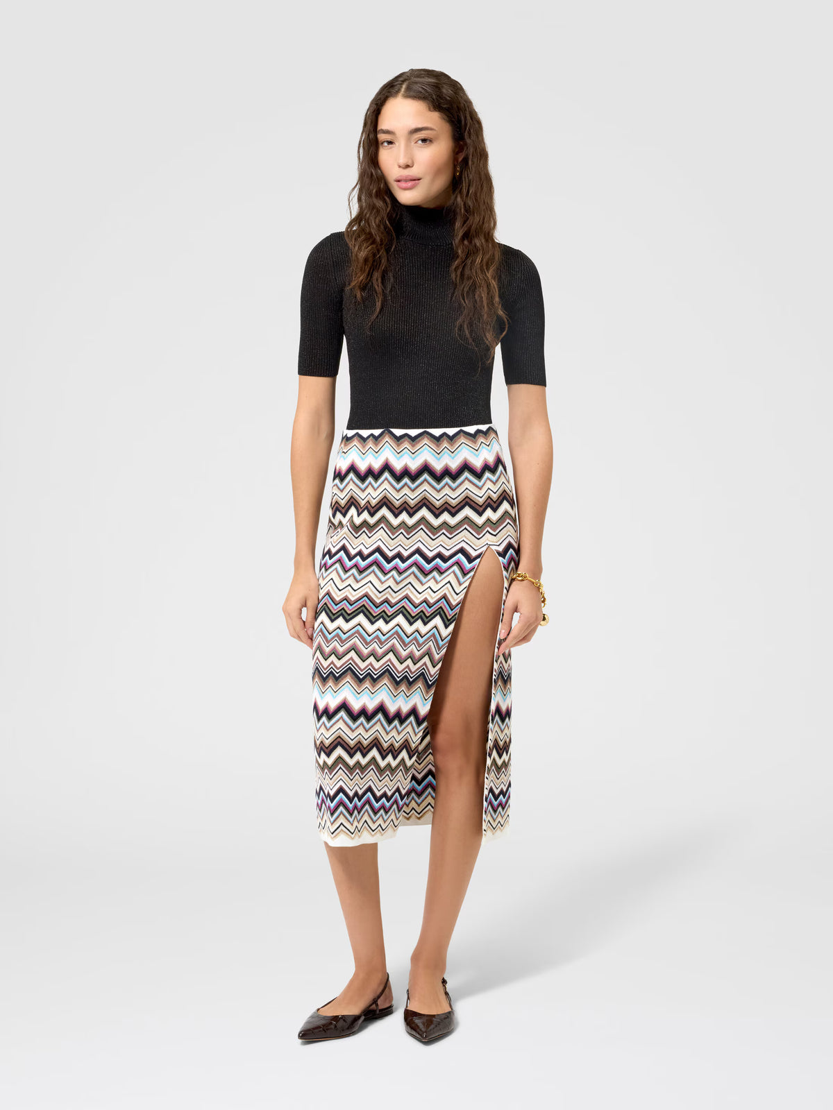 ZIG ZAG KNIT MIDI SKIRT W SLIT
