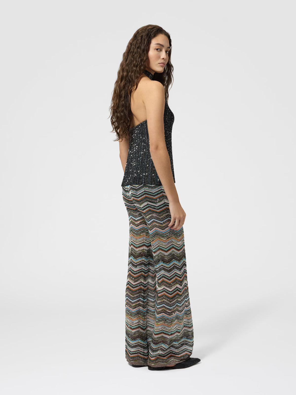 CHEVRON PALAZZO TROUSERS W SEQUINS