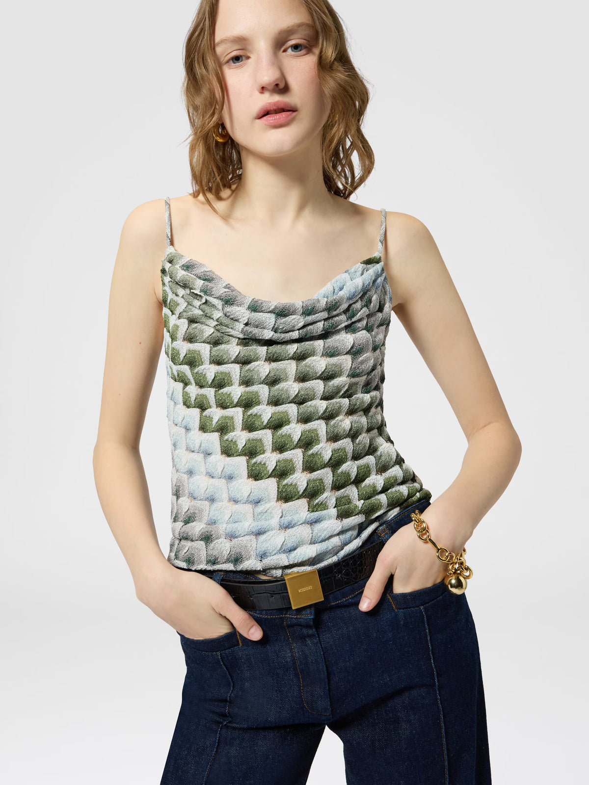 LACE MOTIF TOP W DRAPED NECKLINE