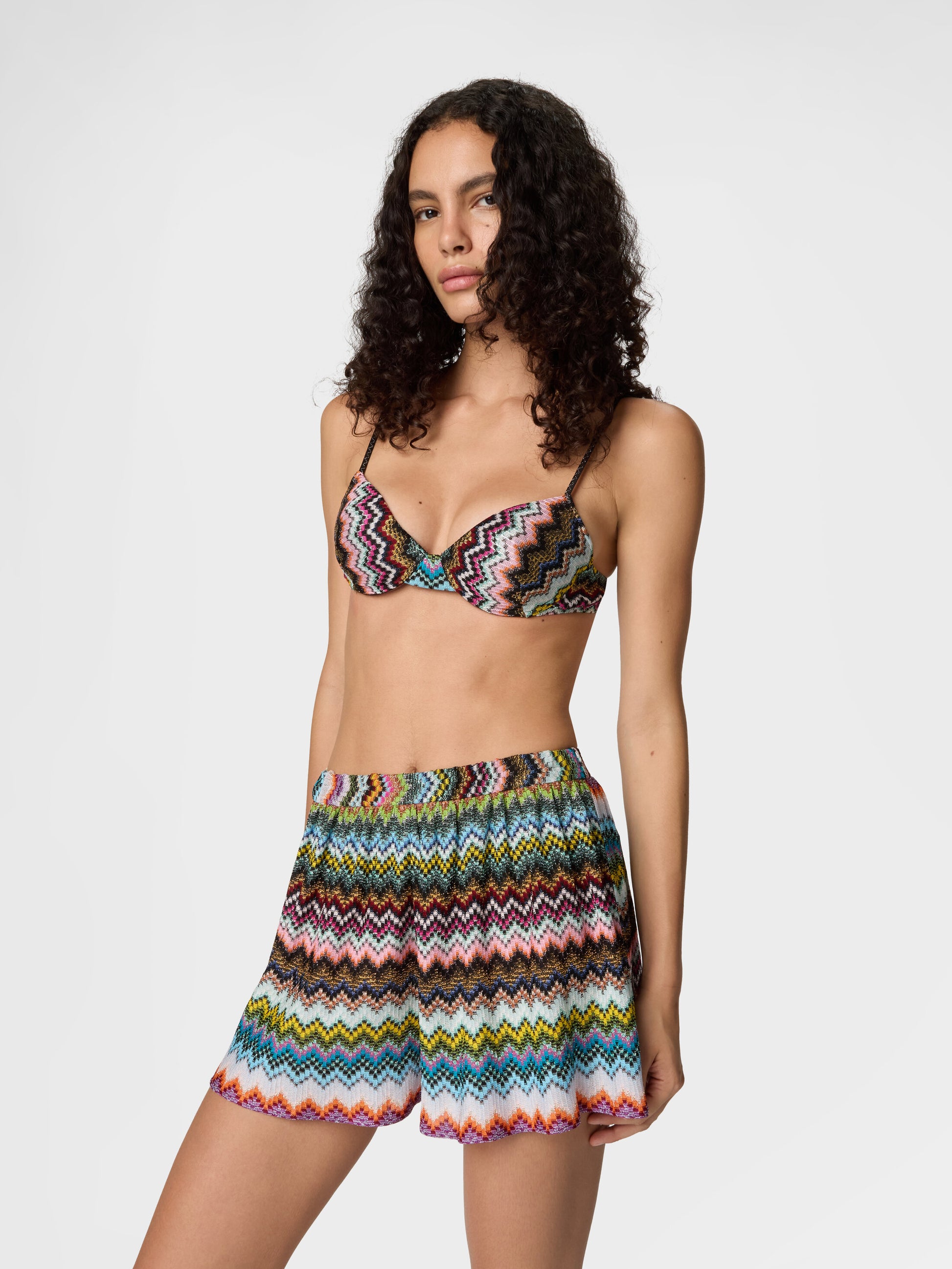 Missoni women's shorts in viscose lamé — Raschel zigzag pixel-effect knit in multi dark