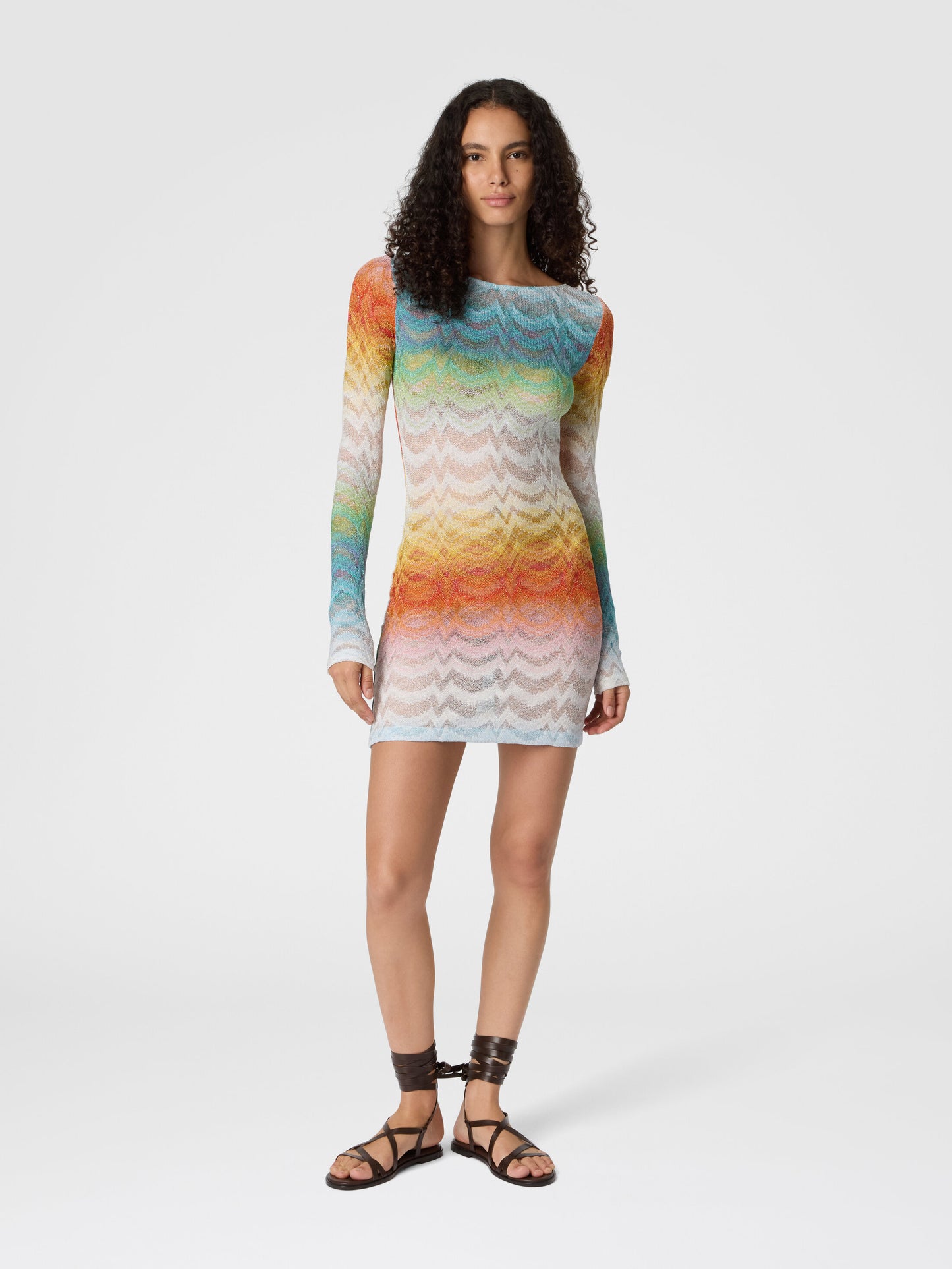 Missoni women's long sleeve mini dress in shaded viscose lamé — Raschel knit, sheer finish in multi color