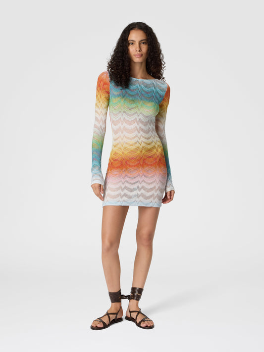Missoni women's long sleeve mini dress in shaded viscose lamé — Raschel knit, sheer finish in multi color