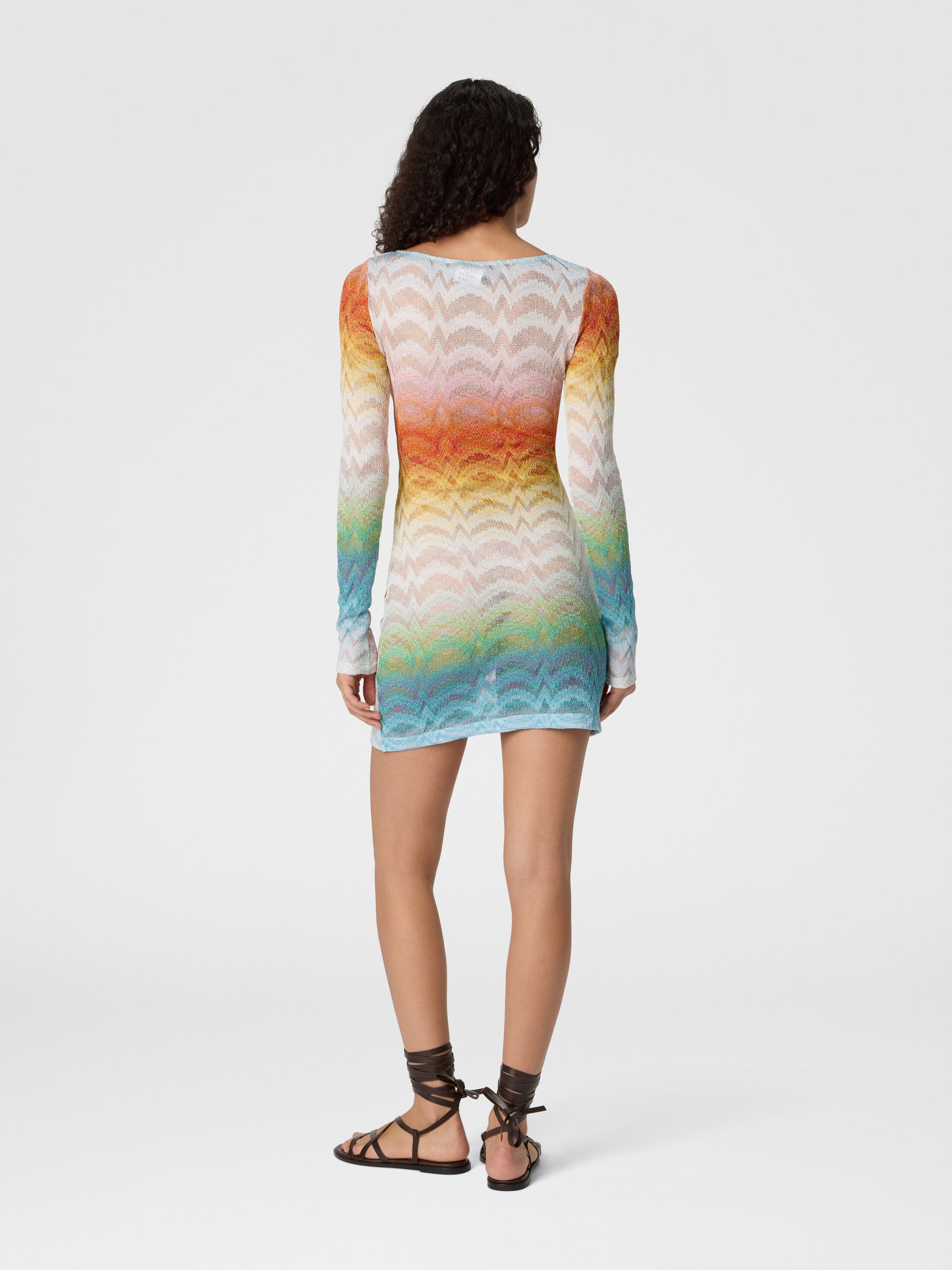 Missoni women's long sleeve mini dress in shaded viscose lamé — Raschel knit, sheer finish in multi color back view