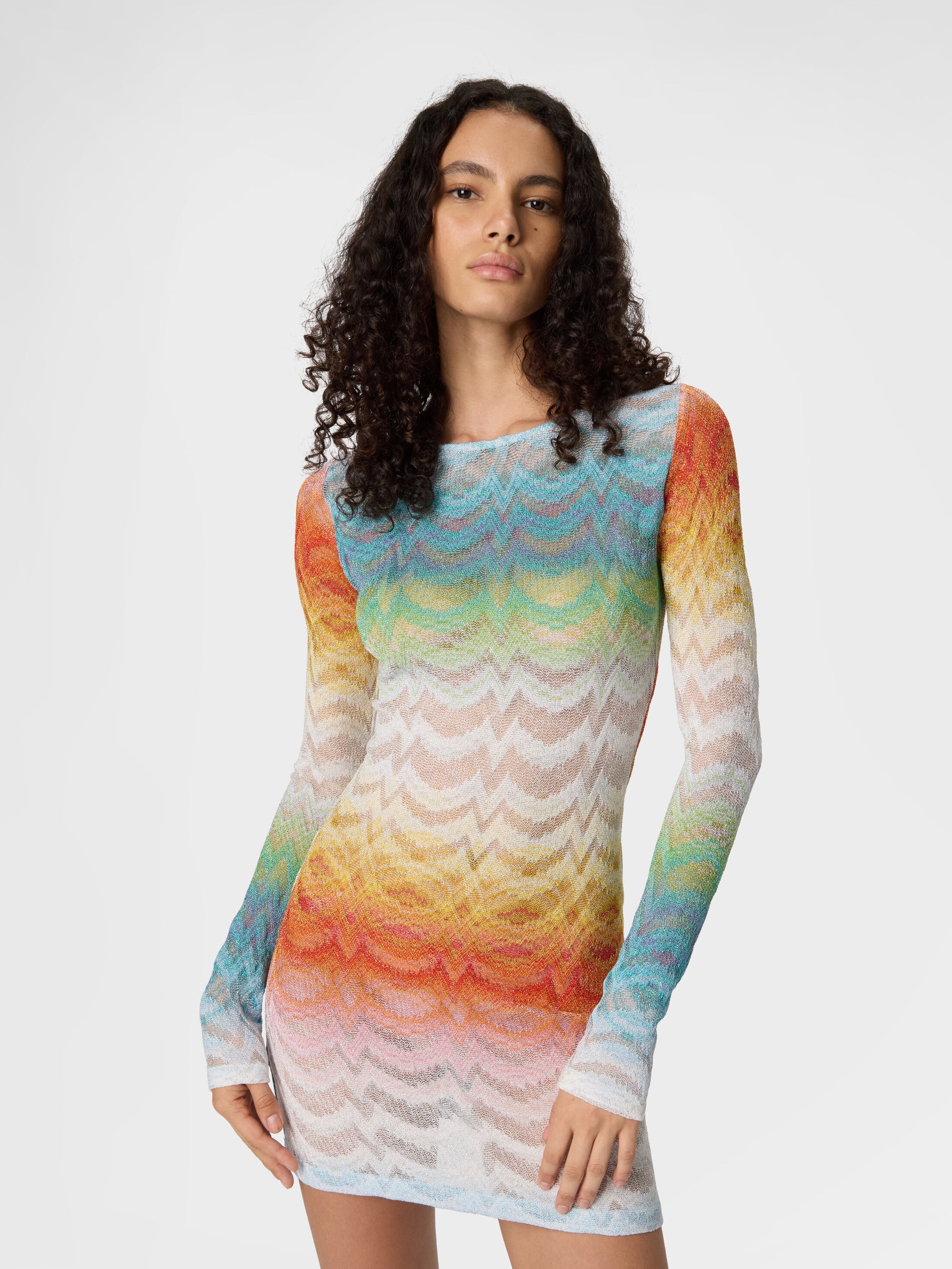 Missoni women's long sleeve mini dress in shaded viscose lamé — Raschel knit, sheer finish in multi color close up front view
