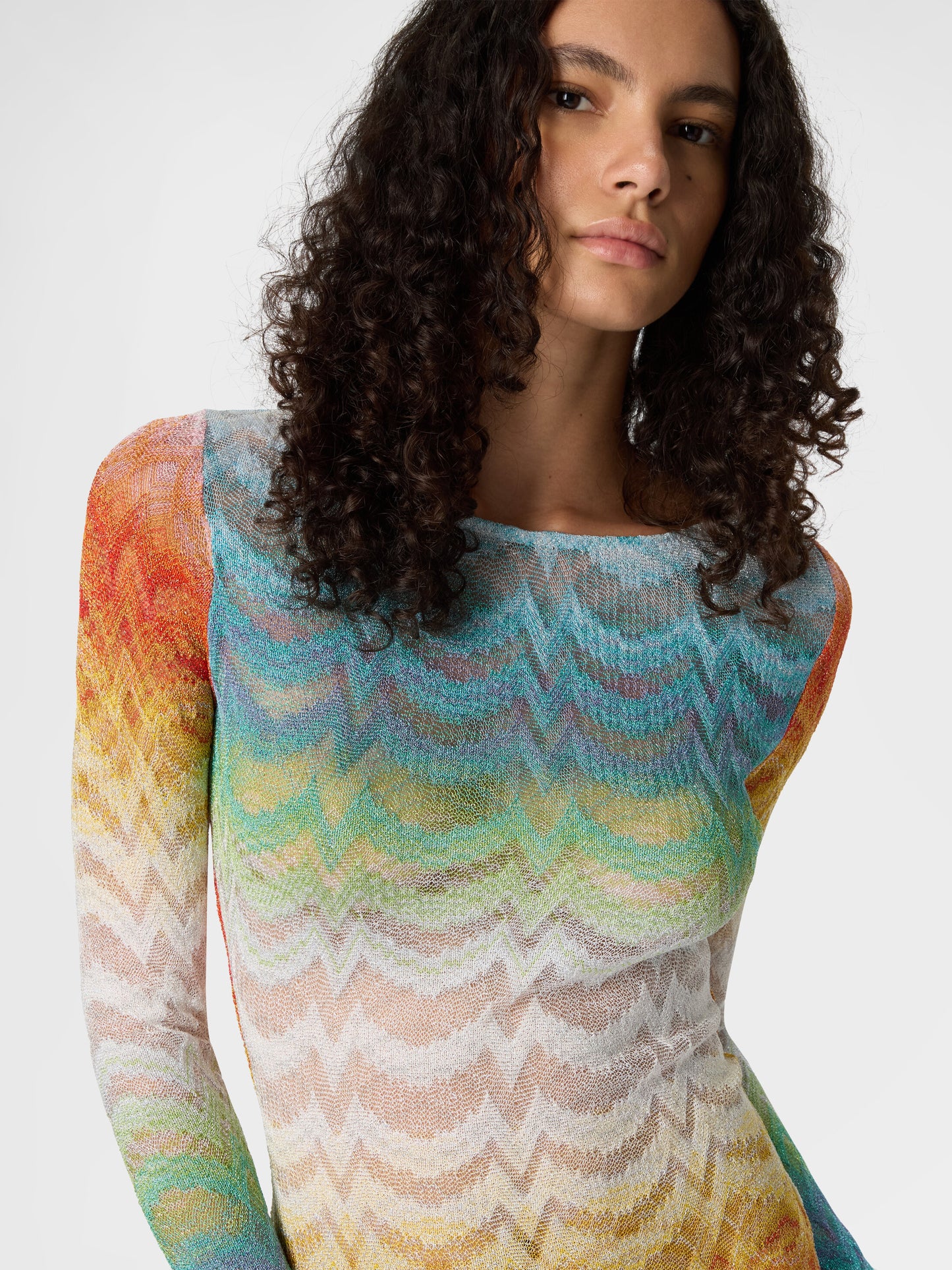 Missoni women's long sleeve mini dress in shaded viscose lamé — Raschel knit, sheer finish in multi color close up top view