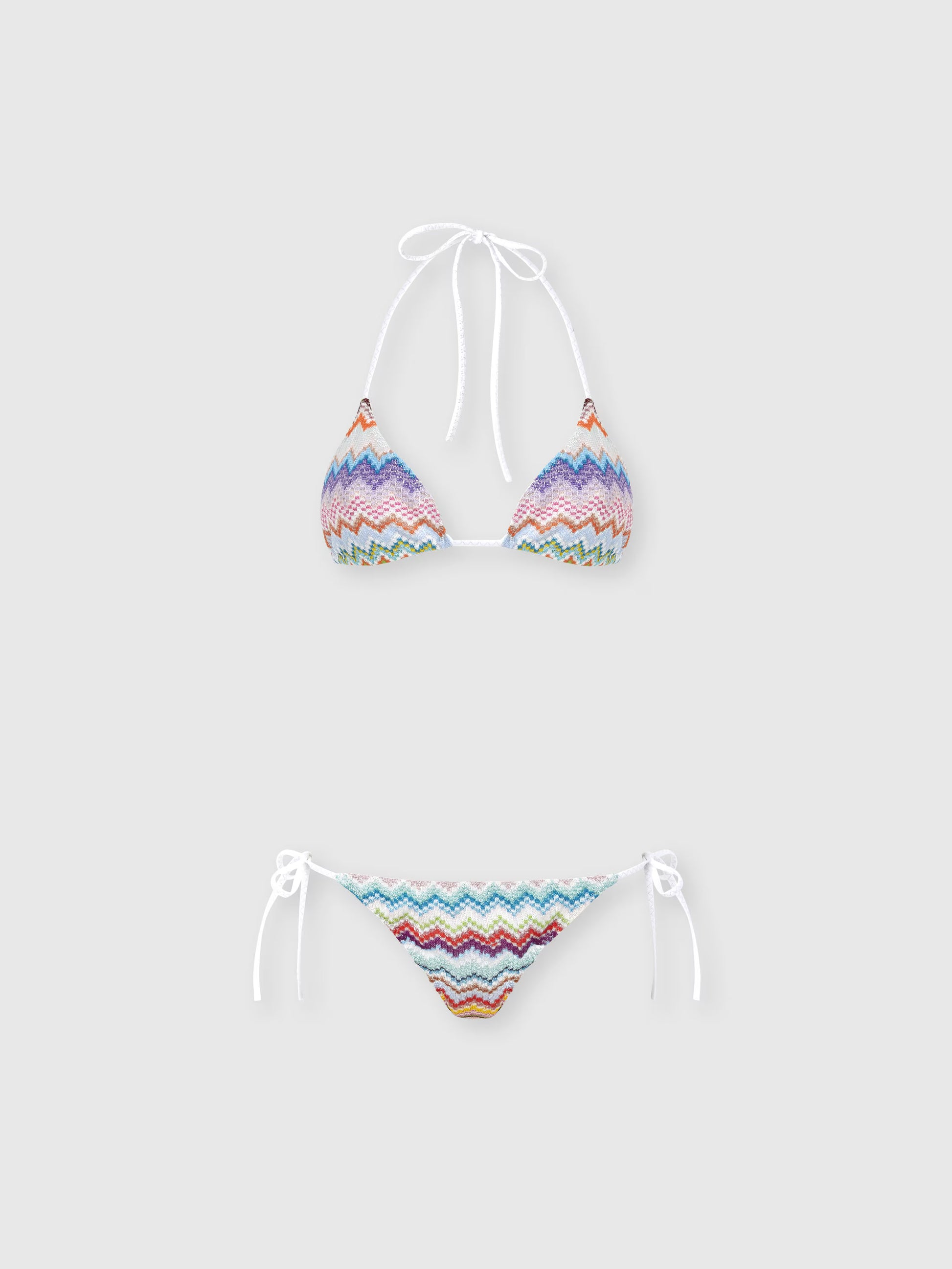 Missoni women's triangle bikini top in viscose lamé — Raschel micro zigzag pixel-effect knit, adjustable ties in multi light