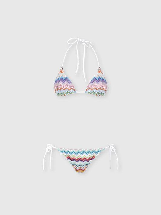 Missoni women's triangle bikini top in viscose lamé — Raschel micro zigzag pixel-effect knit, adjustable ties in multi light