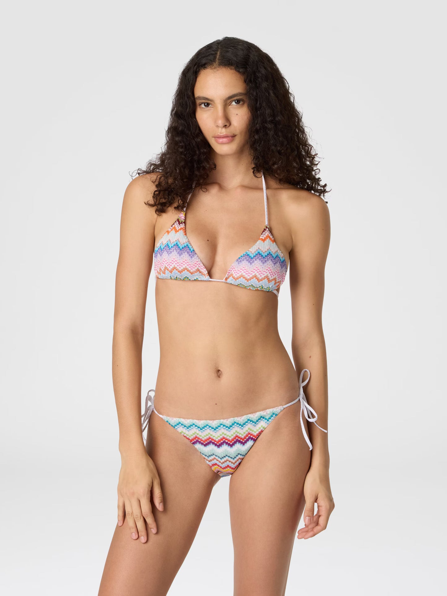 Missoni women's triangle bikini top in viscose lamé — Raschel micro zigzag pixel-effect knit, adjustable ties in multi light