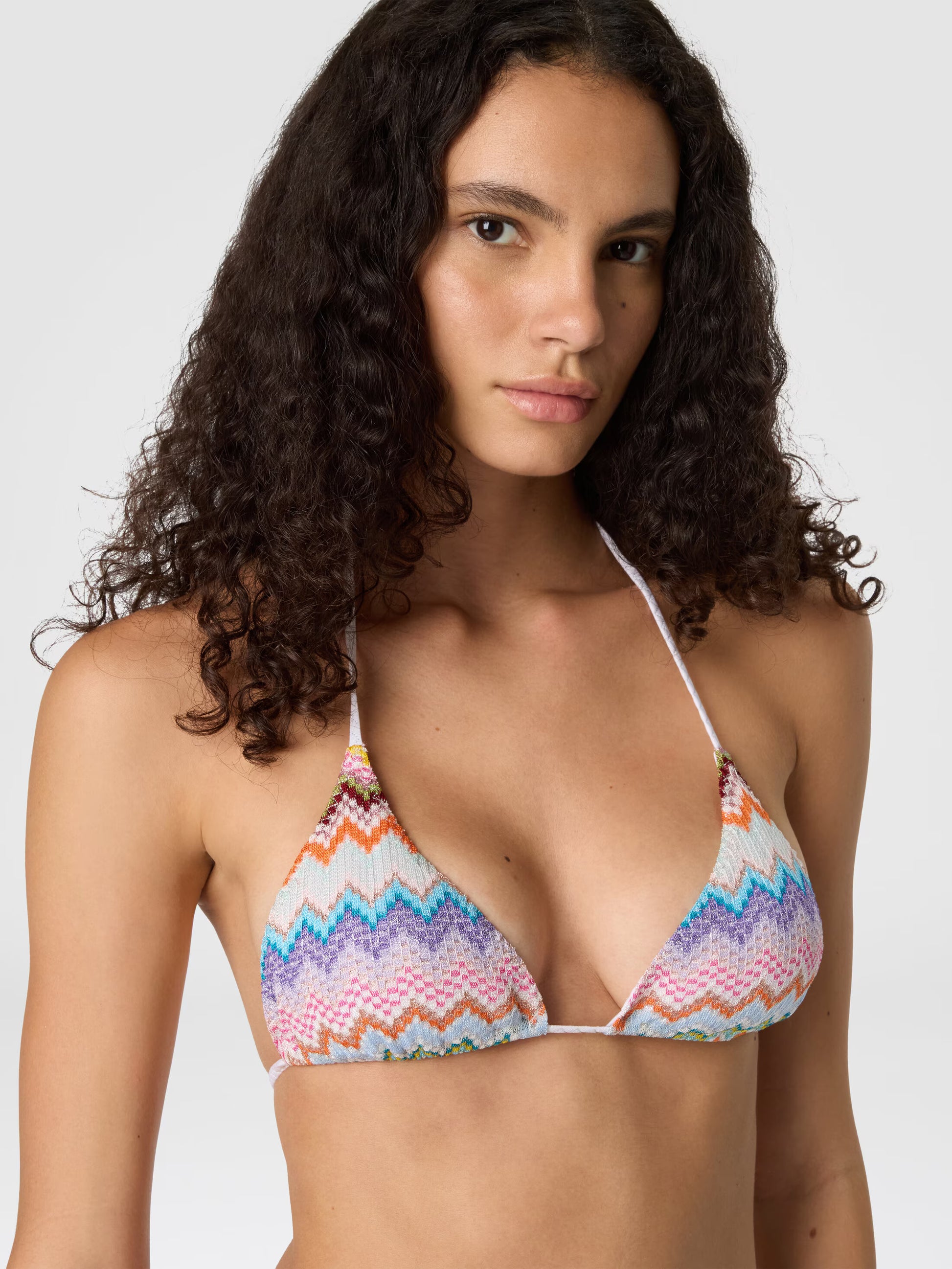 Missoni women's triangle bikini top in viscose lamé — Raschel micro zigzag pixel-effect knit, adjustable ties in multi light top