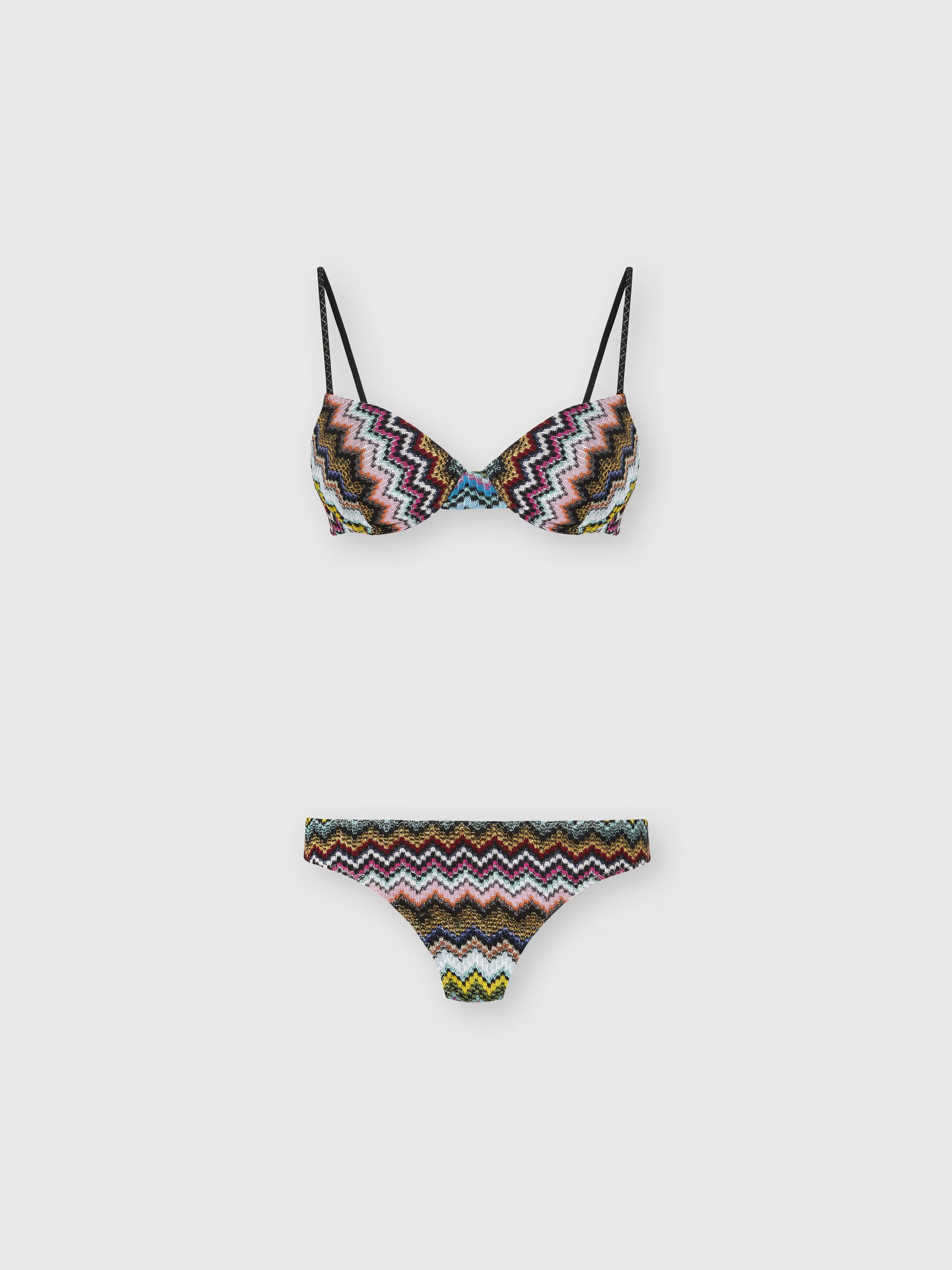 Missoni women's balconette bikini in viscose lamé — Raschel micro zigzag pixel-effect knit in Multi Dark
