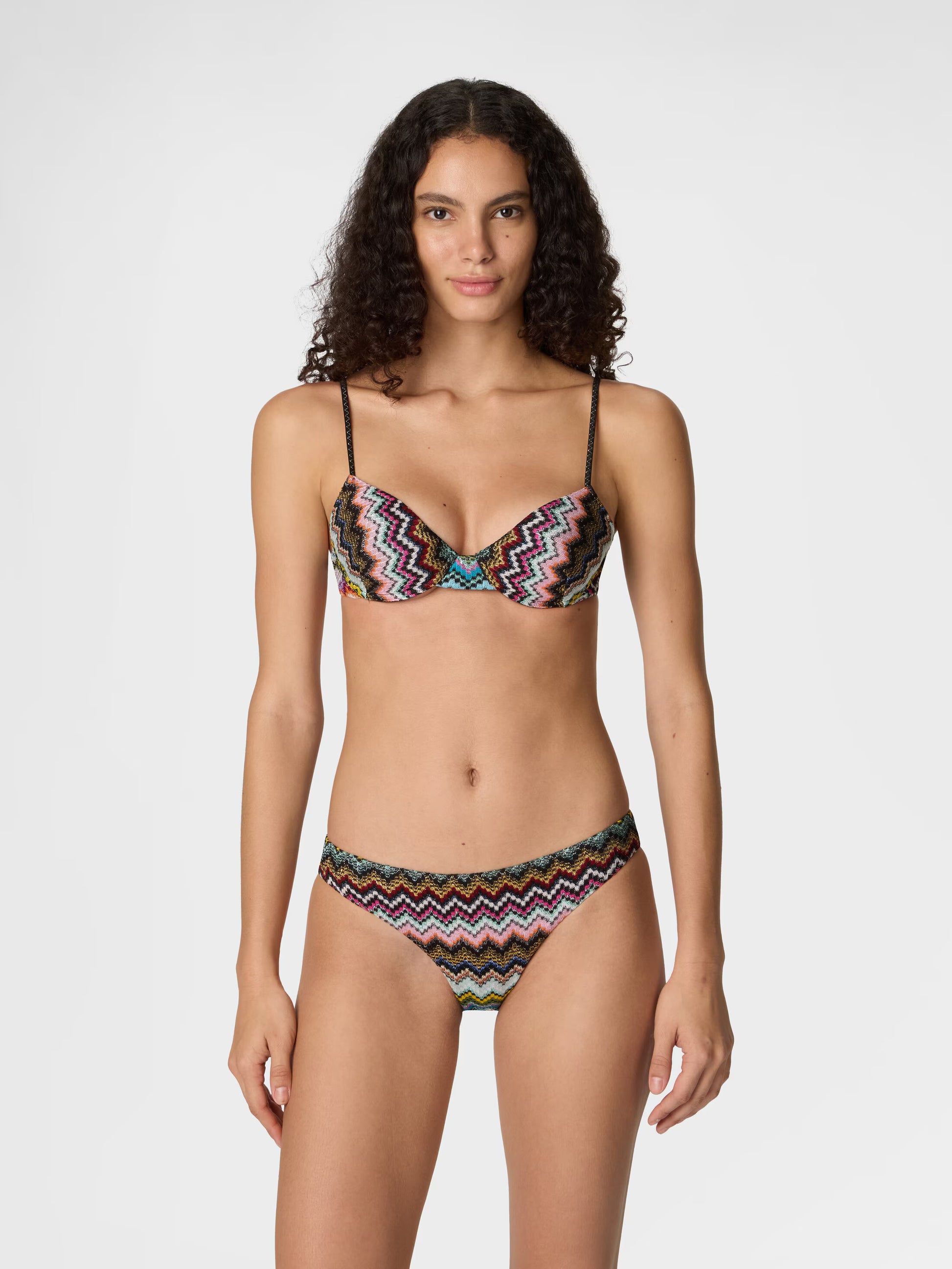 Missoni women's balconette bikini in viscose lamé — Raschel micro zigzag pixel-effect knit in Multi Dark