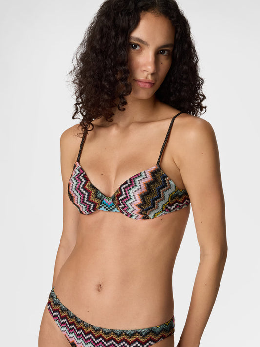 Missoni women's balconette bikini in viscose lamé — Raschel micro zigzag pixel-effect knit in Multi Dark