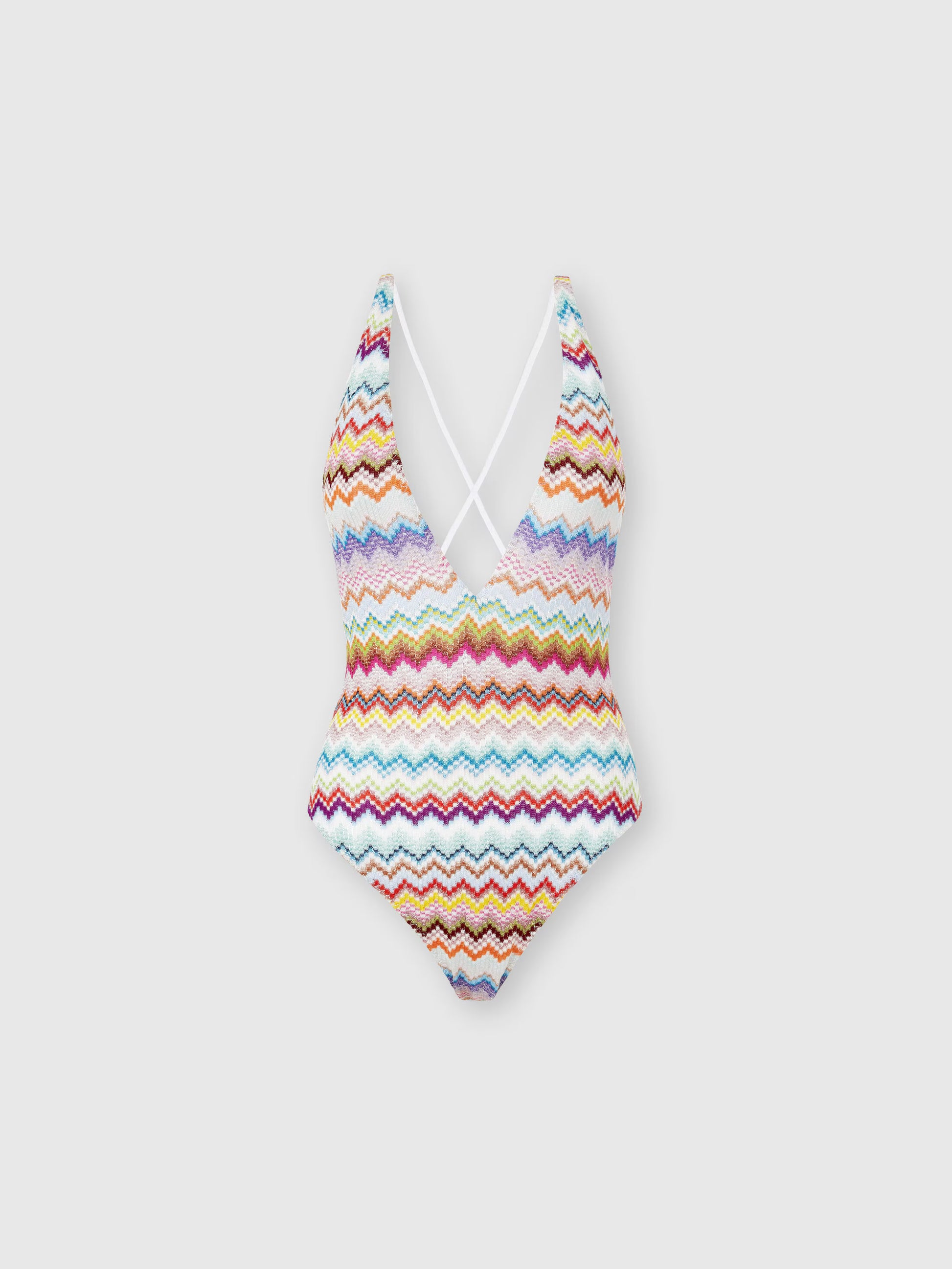 Missoni women's one-piece swimsuit in viscose lamé — Raschel micro zigzag pixel-effect knit, V-neckline, crossed back straps in multi