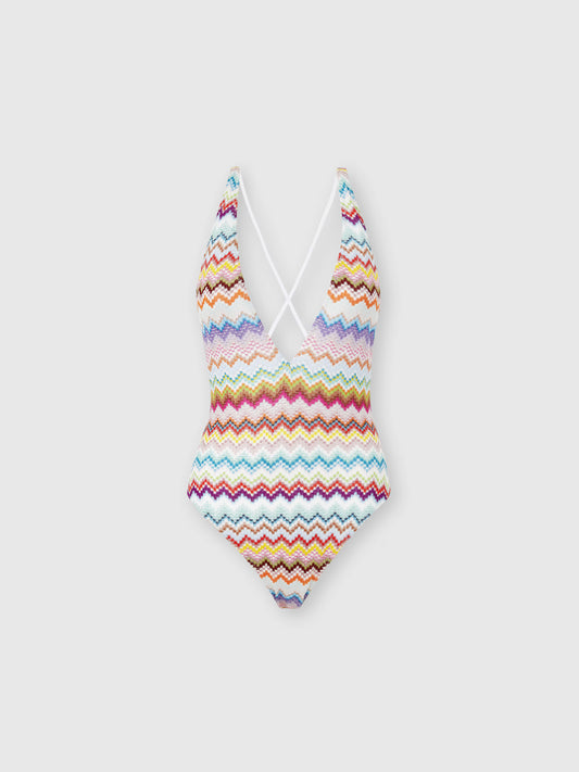 Missoni women's one-piece swimsuit in viscose lamé — Raschel micro zigzag pixel-effect knit, V-neckline, crossed back straps in multi
