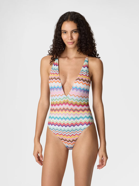 Missoni women's one-piece swimsuit in viscose lamé — Raschel micro zigzag pixel-effect knit, V-neckline, crossed back straps in multi