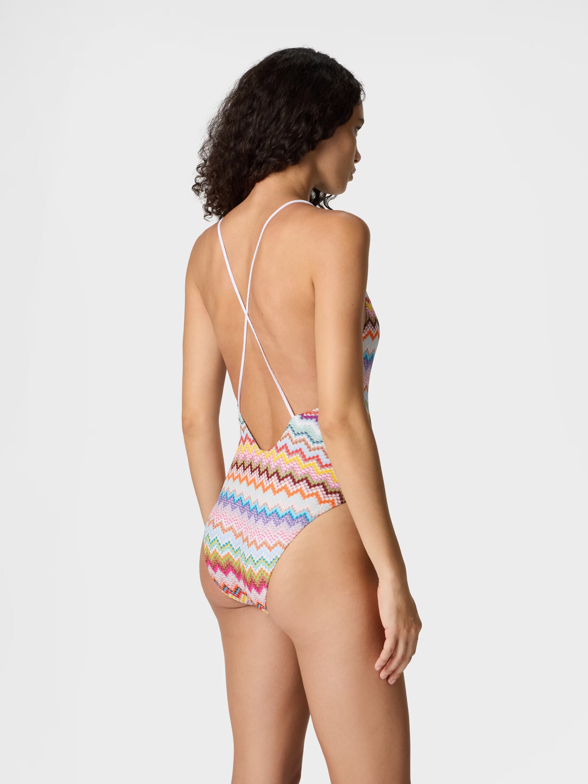 Missoni women's one-piece swimsuit in viscose lamé — Raschel micro zigzag pixel-effect knit, V-neckline, crossed back straps in multi back view
