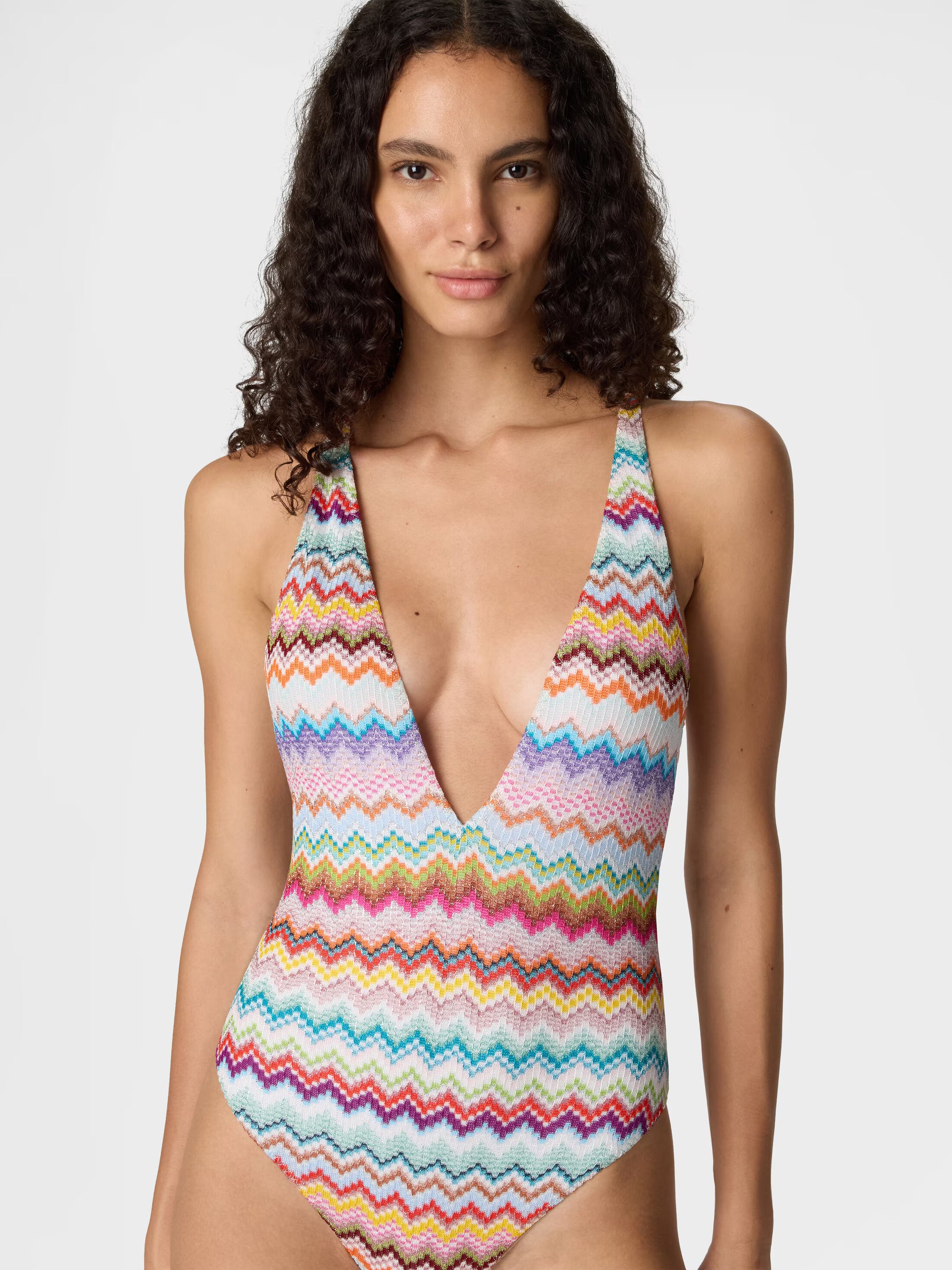 Missoni women's one-piece swimsuit in viscose lamé — Raschel micro zigzag pixel-effect knit, V-neckline, crossed back straps in multi