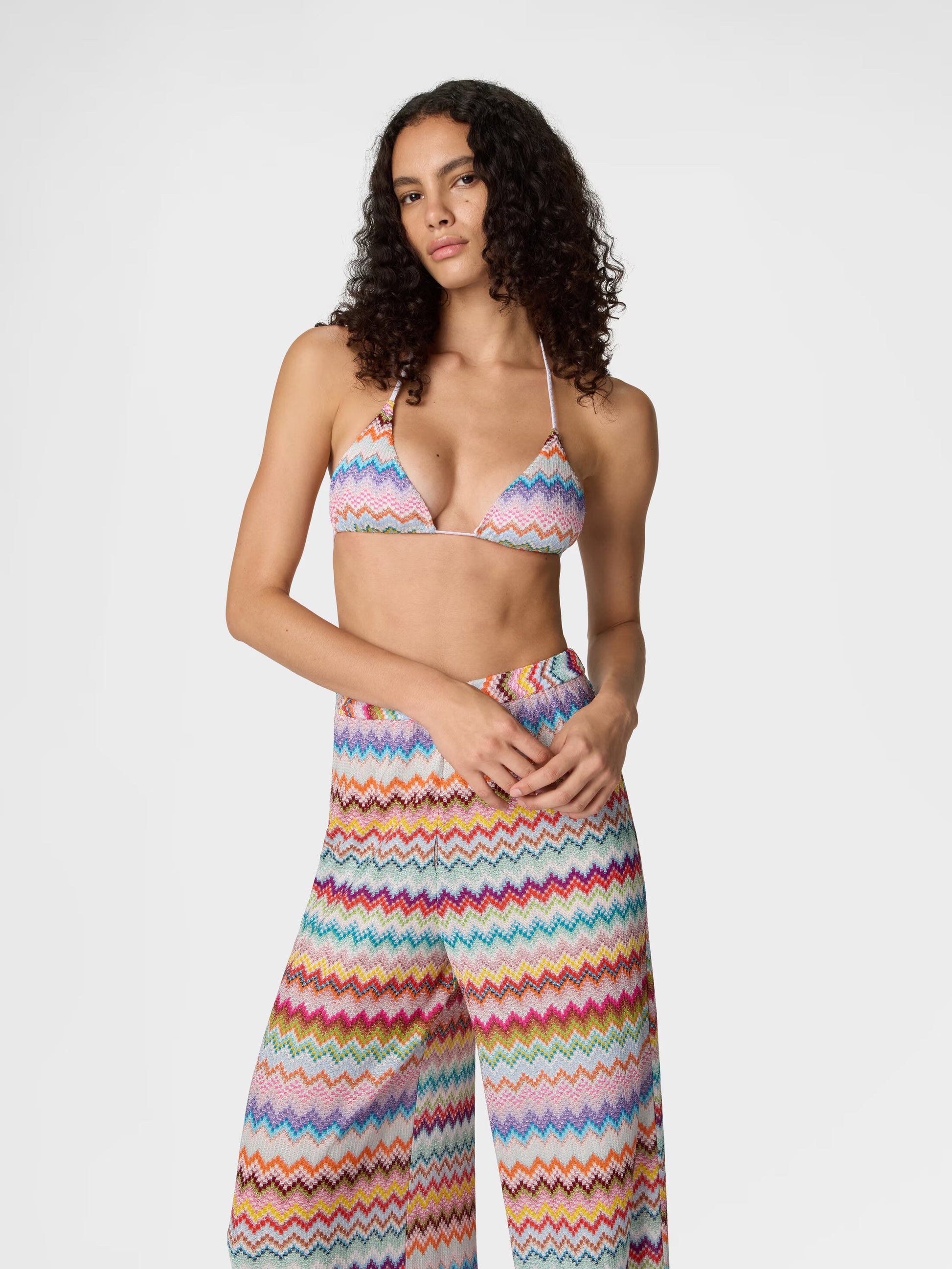 Missoni women's micro zigzag lamé beach pants — viscose Raschel pixel-effect knit, close up