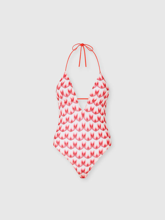 Missoni women's one-piece swimsuit in viscose — Raschel floral lace knit, V-neckline, intertwined straps in red product shot