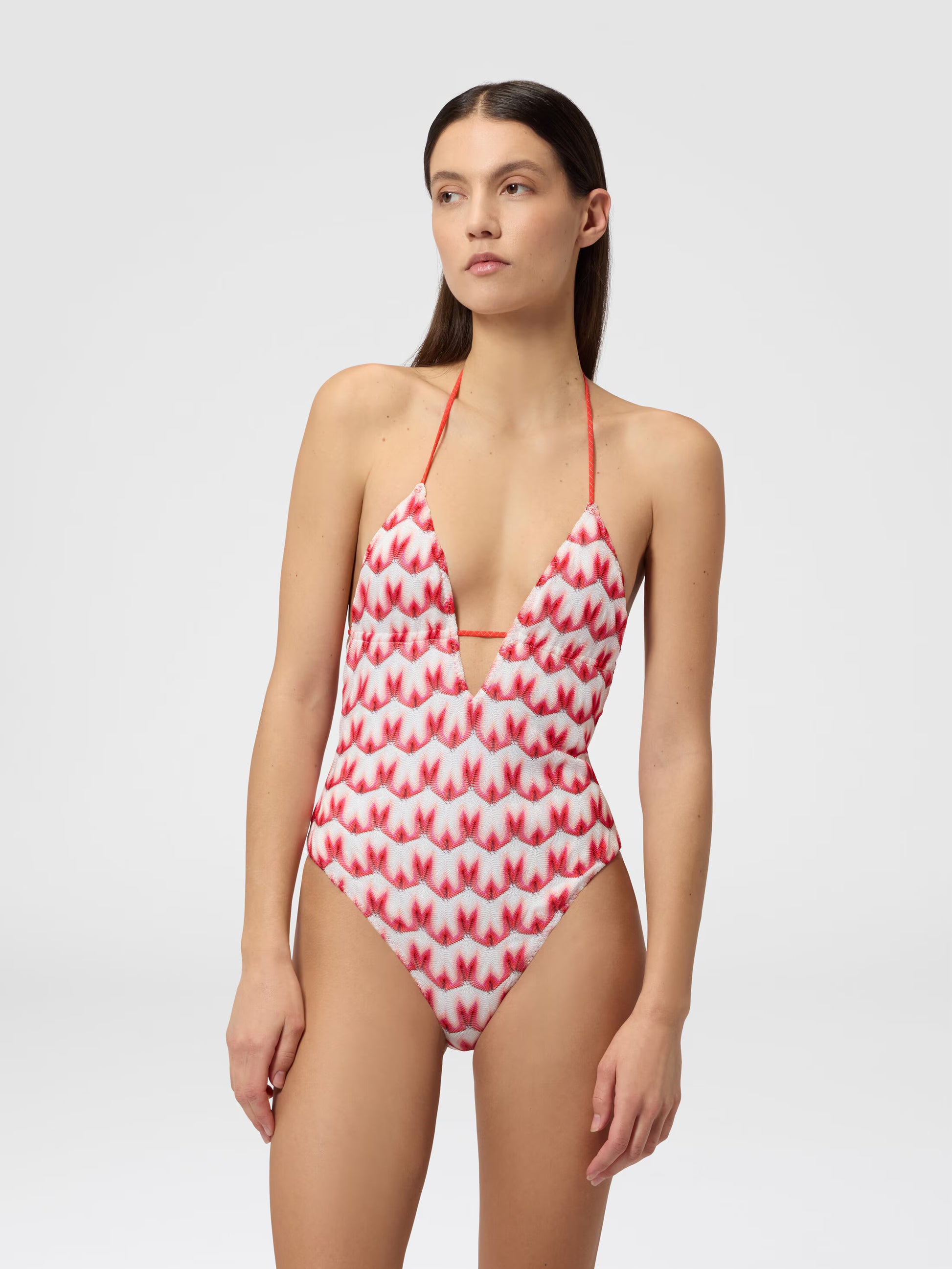 Missoni women's one-piece swimsuit in viscose — Raschel floral lace knit, V-neckline, intertwined straps in red